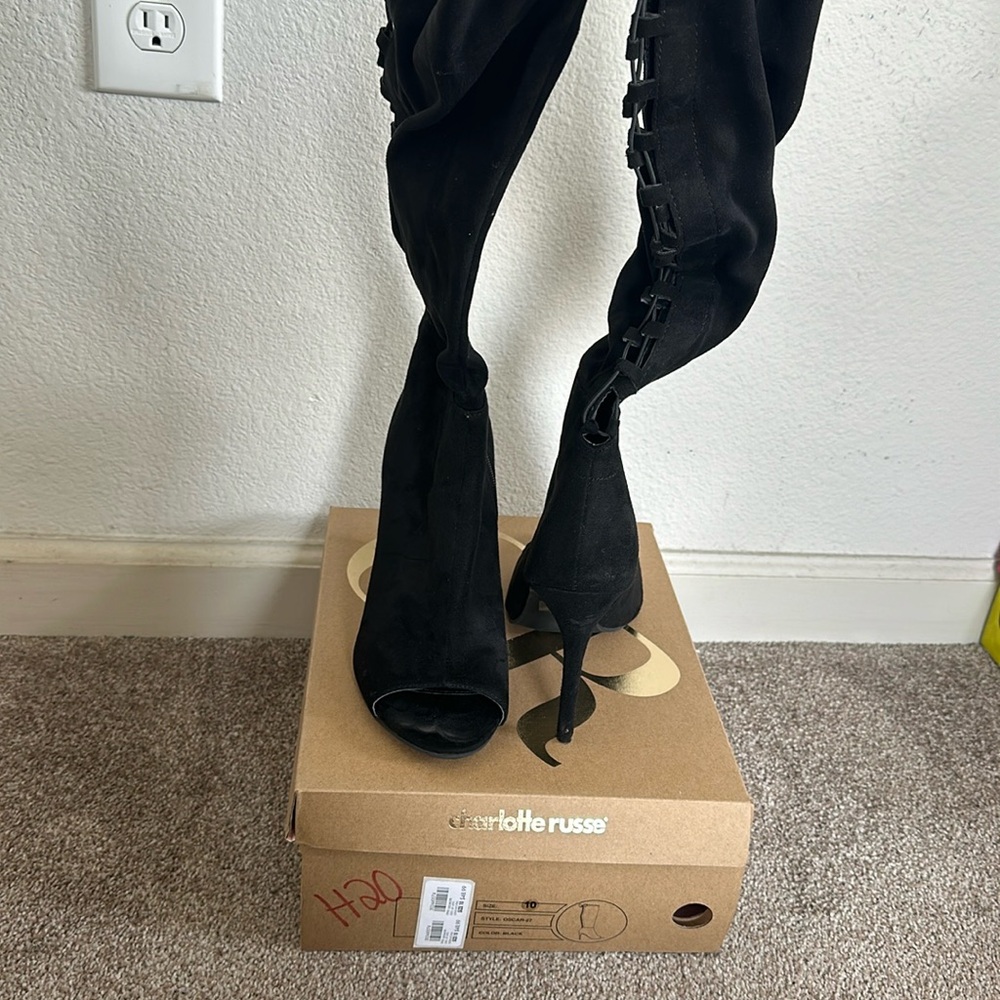 Lace up open toe thigh high stilettos